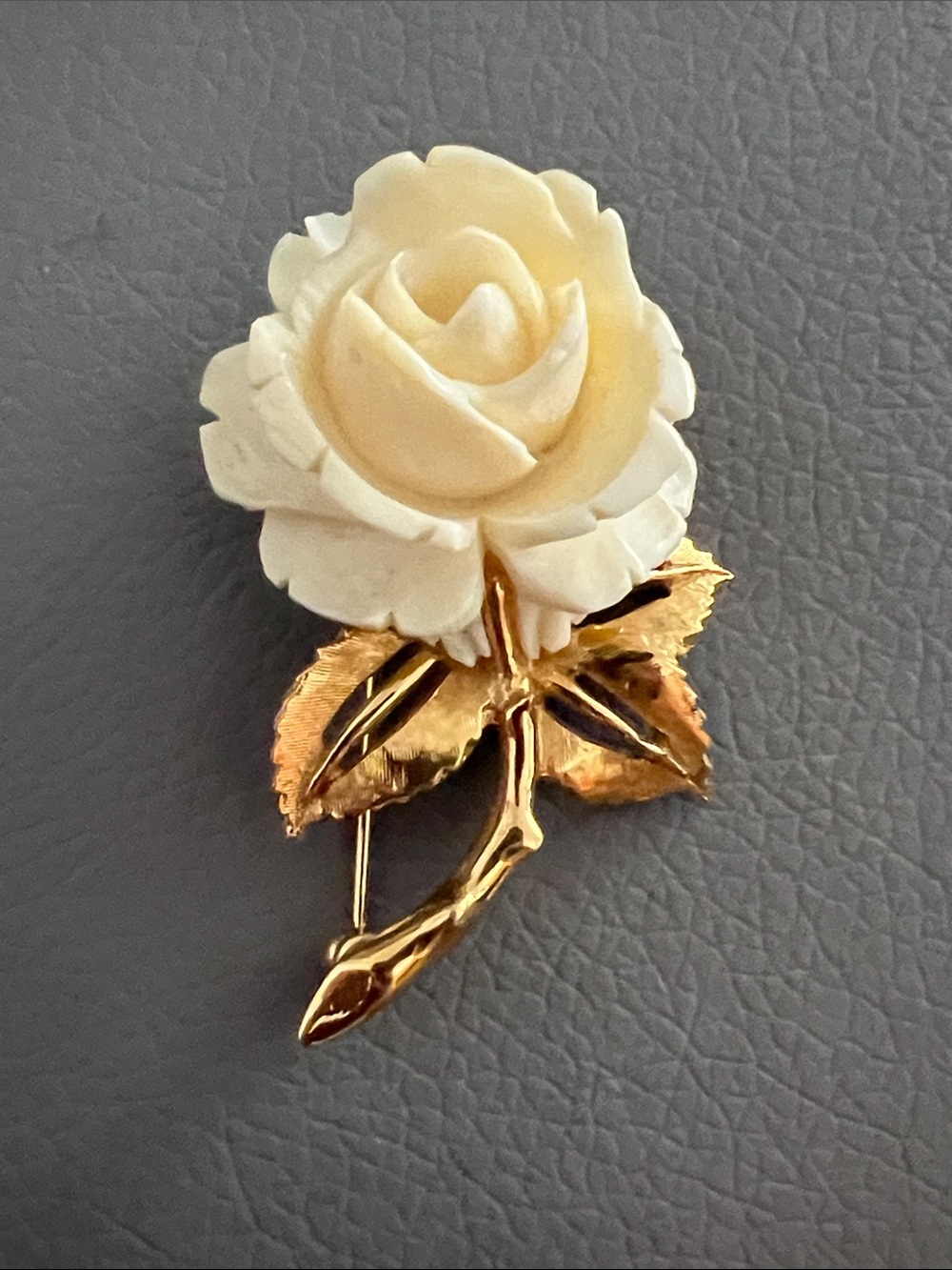 D’Orlan Carved Celluloid Rose Brooch Vintage Ivory And Gold Toned